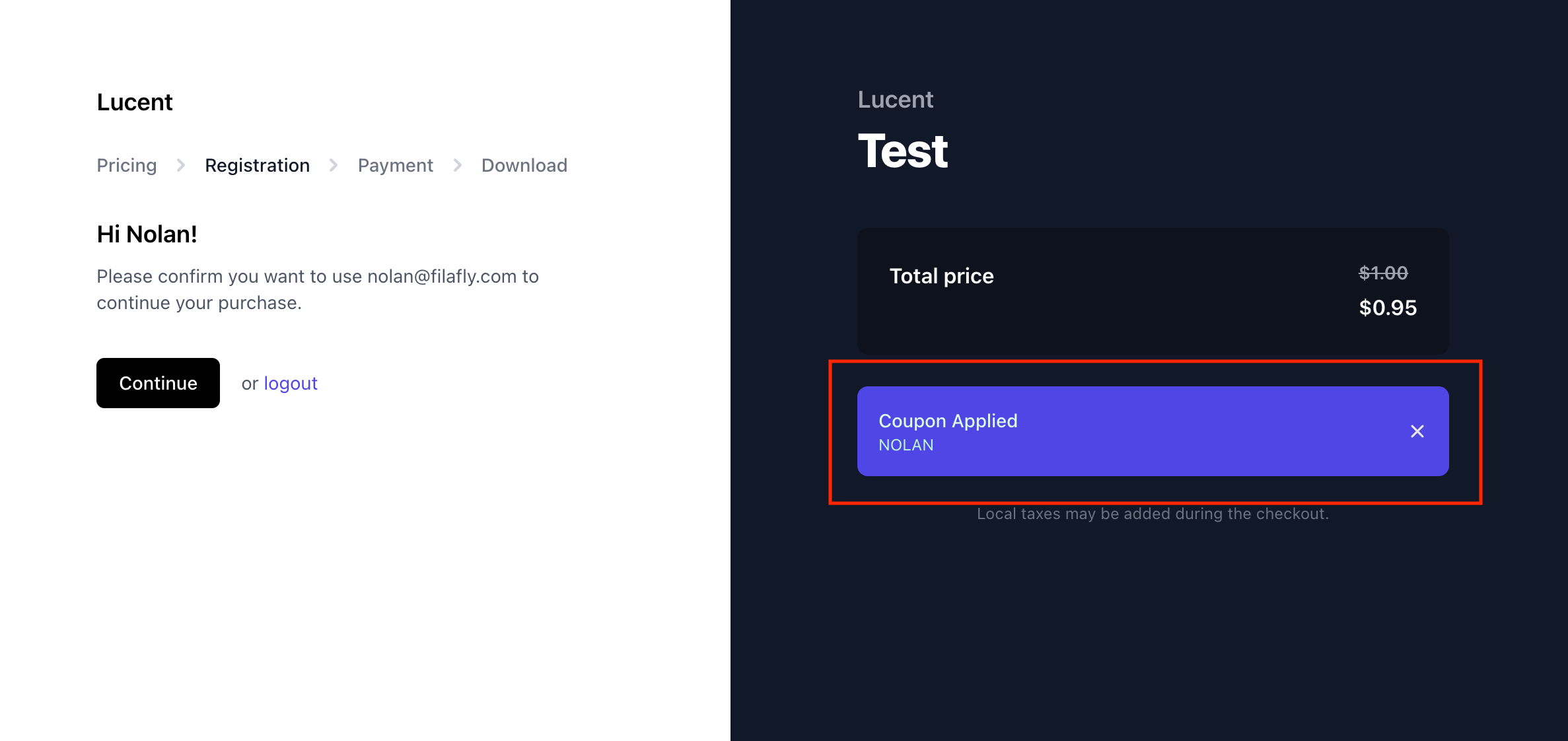 Coupon applied in checkout