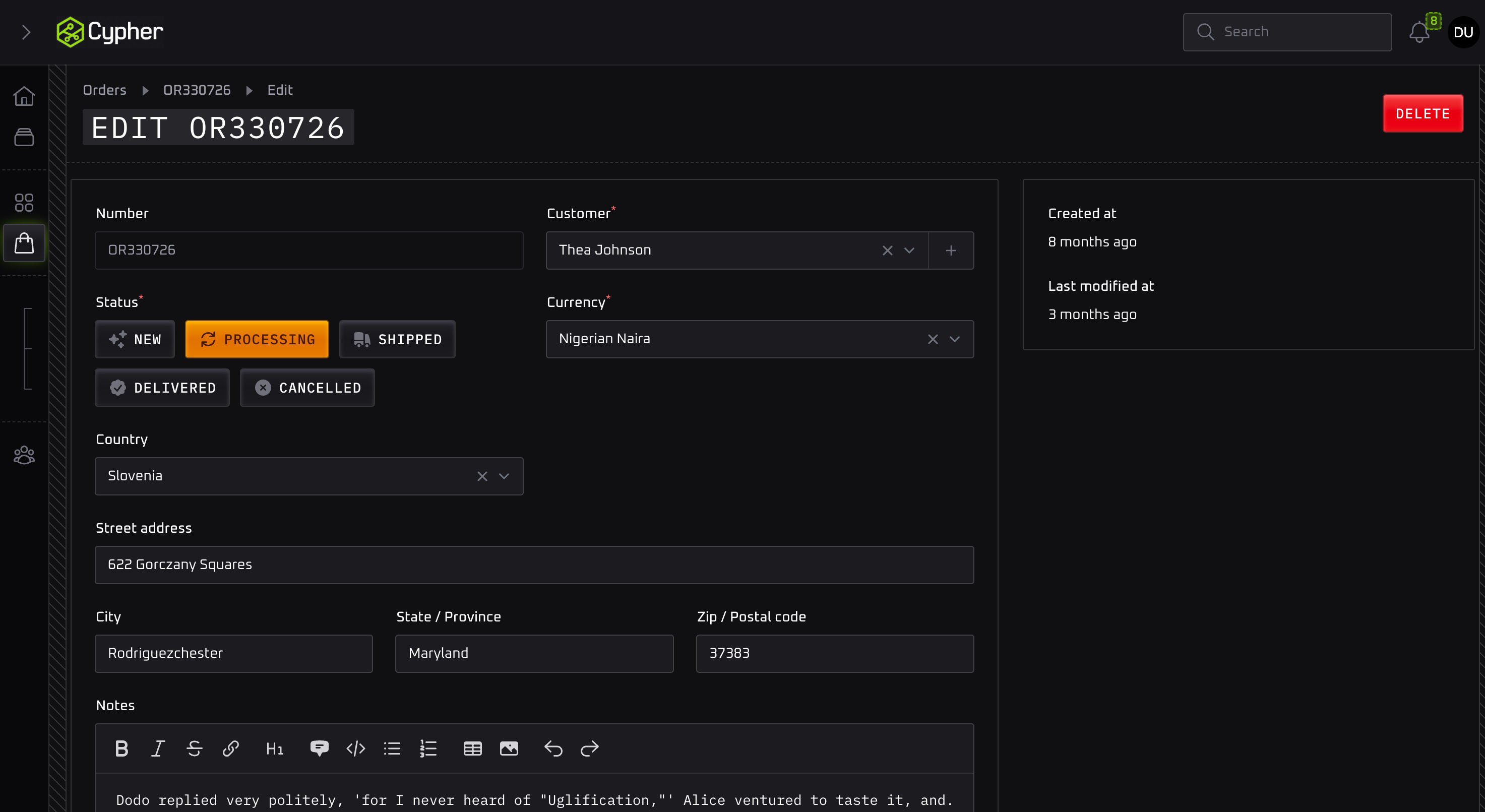 Edit Order Form - Dark Mode