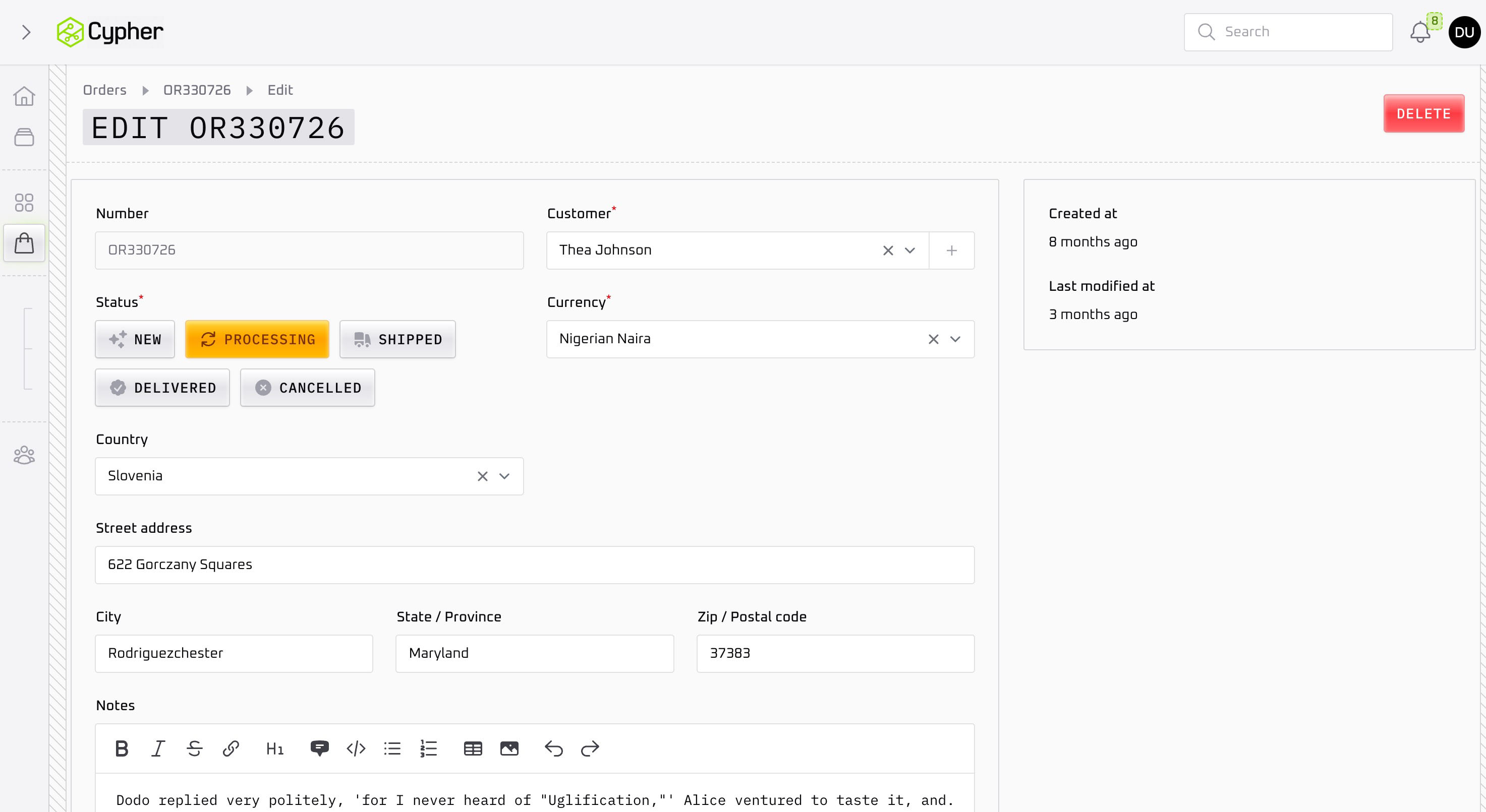 Edit Order Form - Light Mode