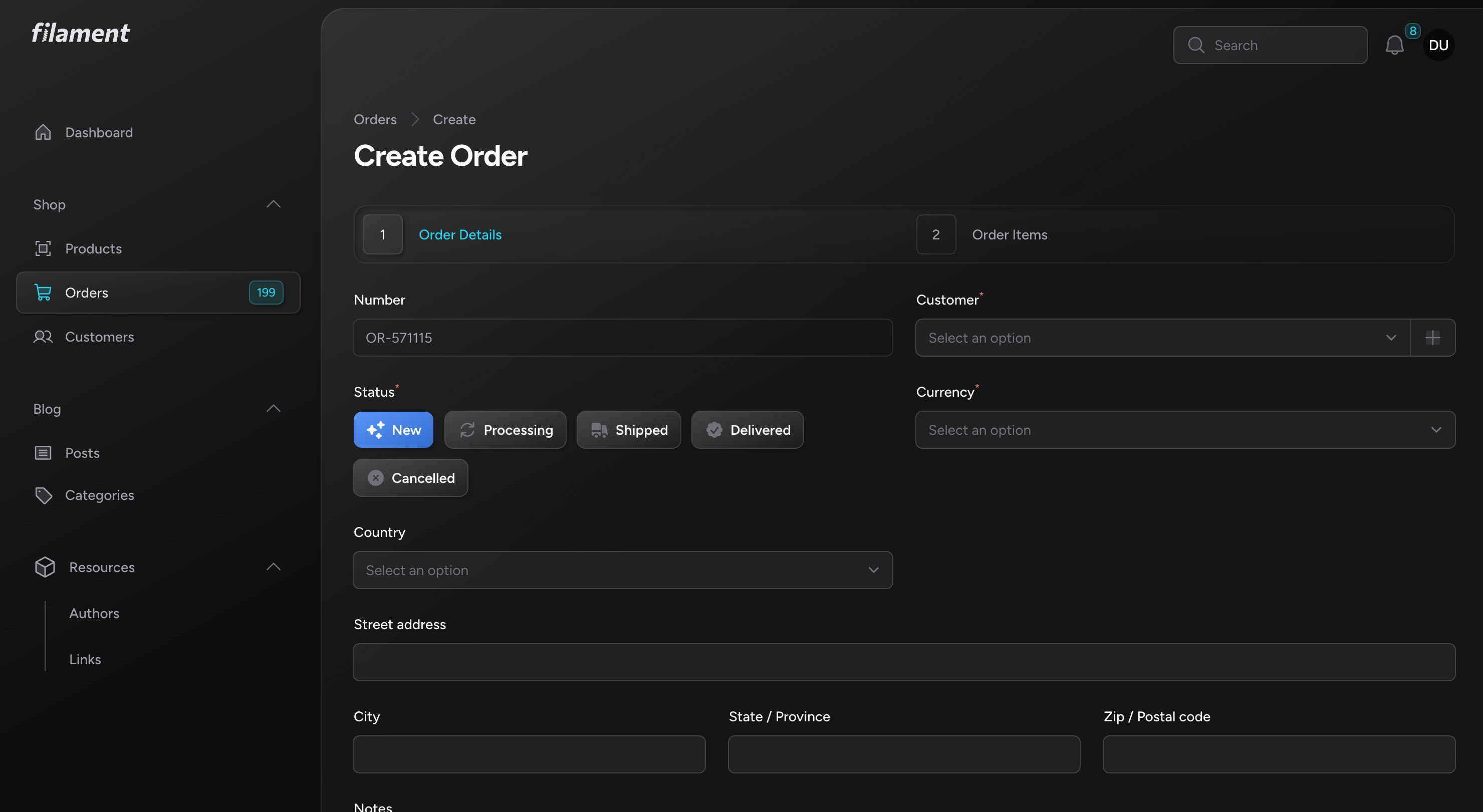 Create Order Form with Side Navigation - Dark Mode