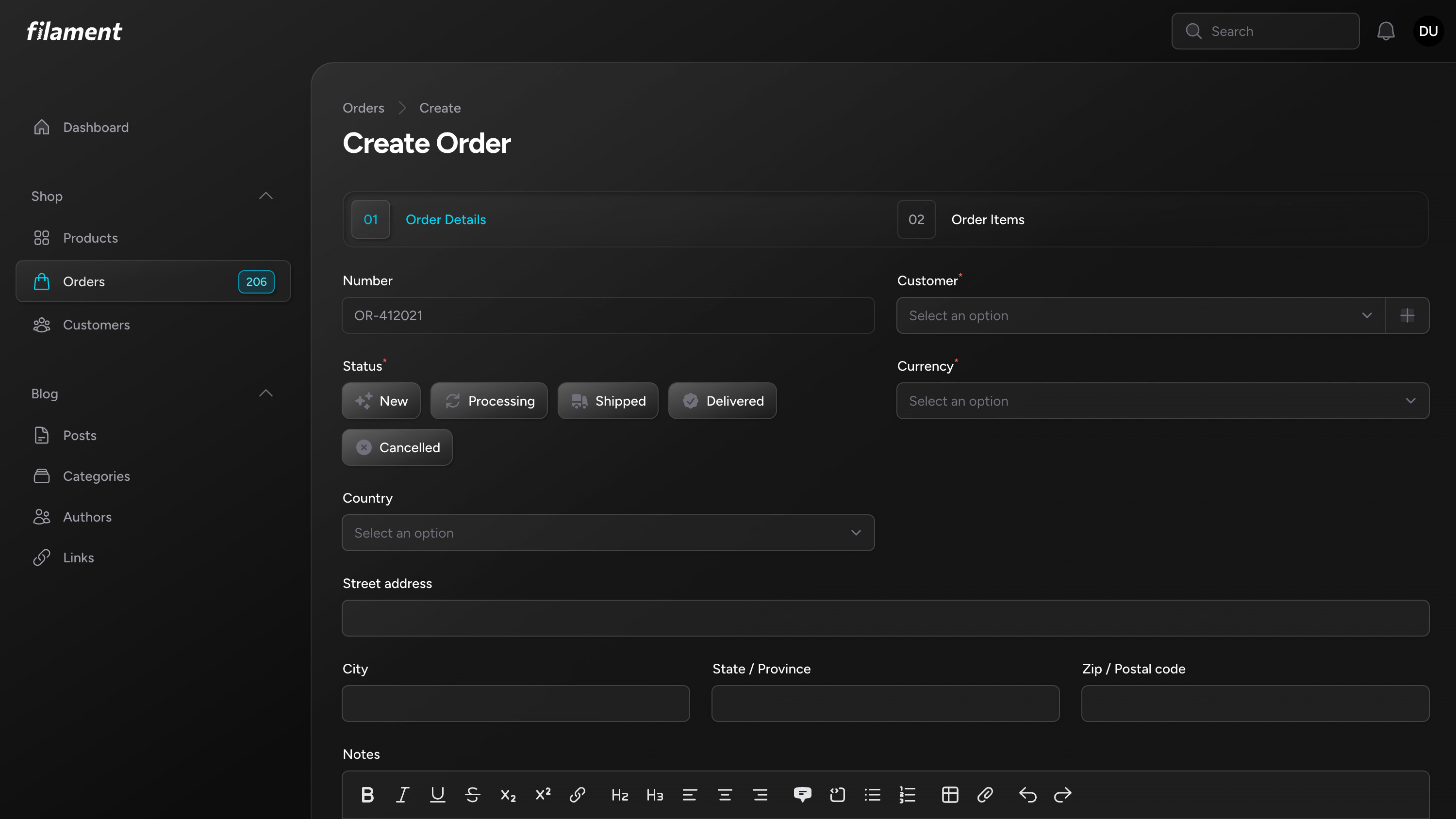 Create Order Form with Side Navigation - Dark Mode