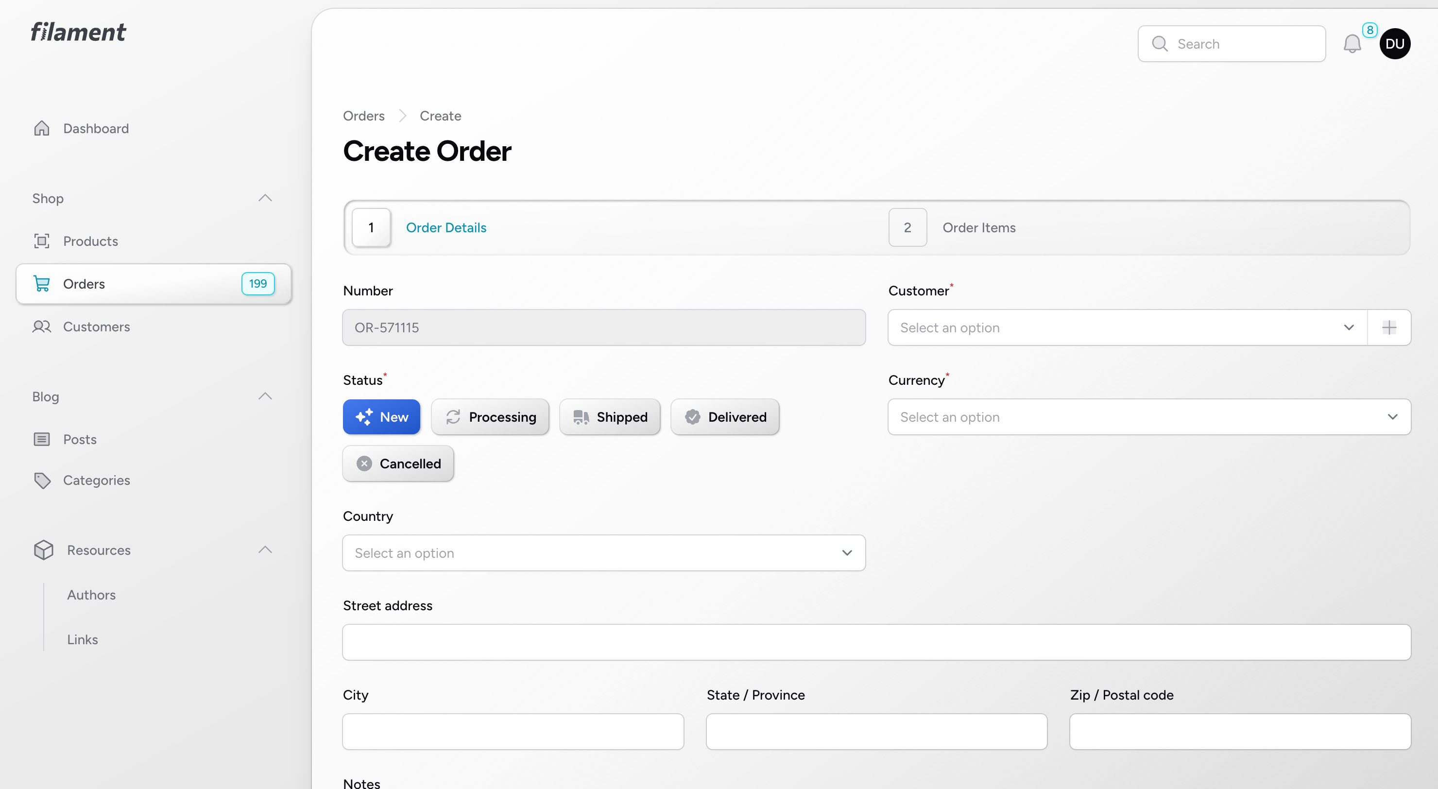 Create Order Form with Side Navigation - Light Mode