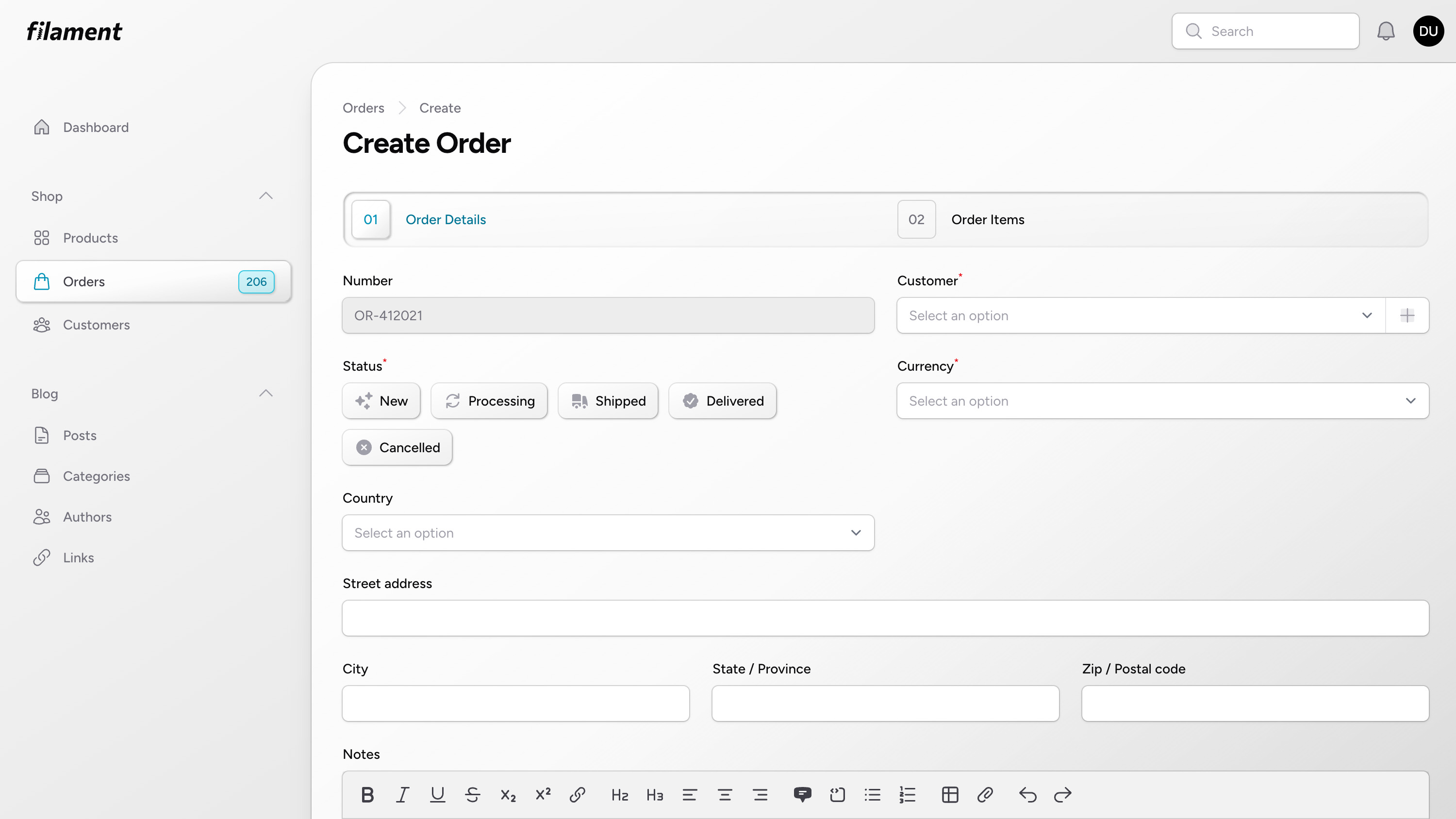 Create Order Form with Side Navigation - Light Mode