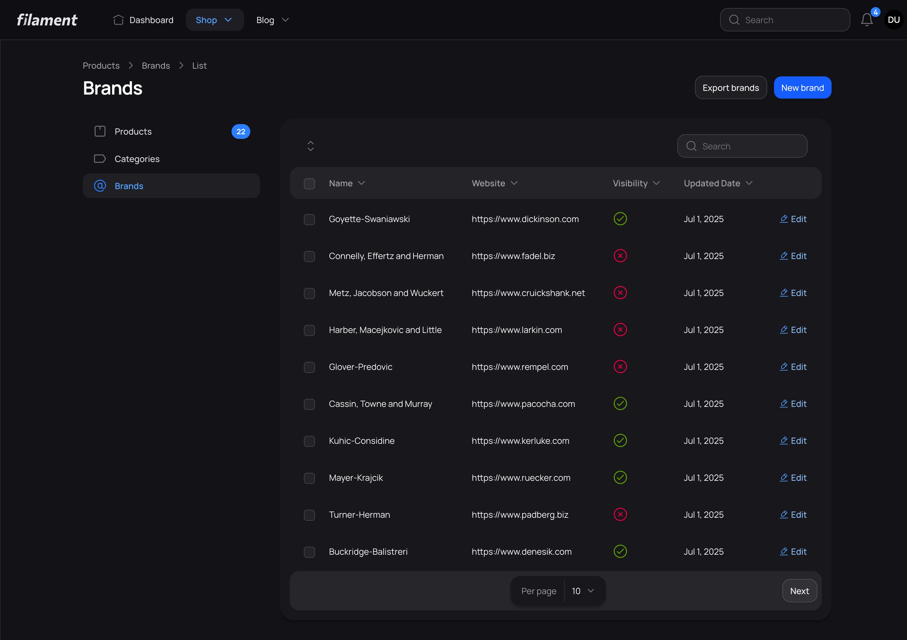 Brands List - Dark Mode