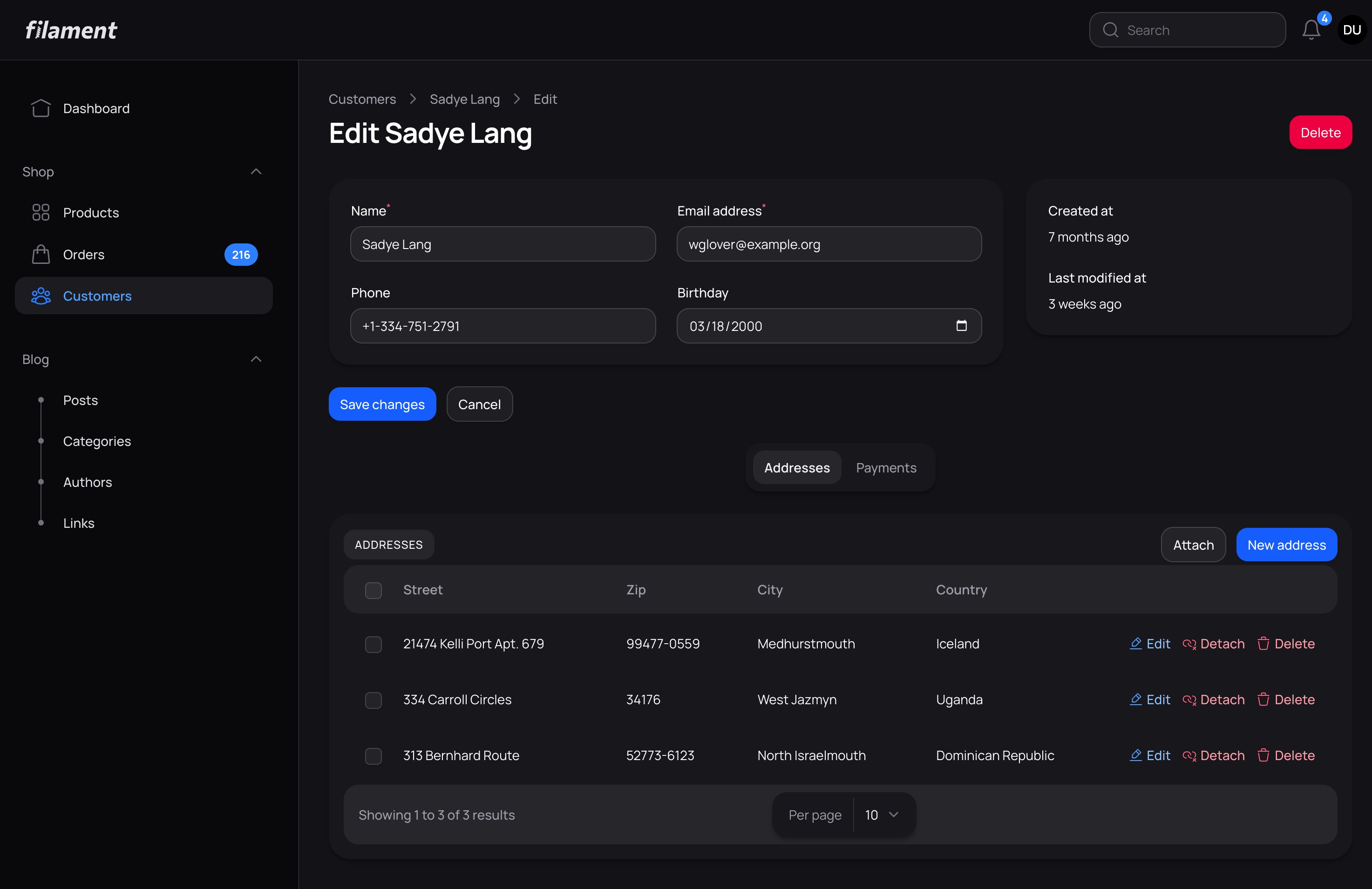 Edit Customer Form - Dark Mode